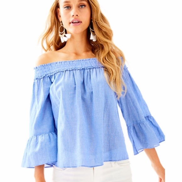 Lilly Pulitzer Tops - Lily Pulitzer Moira Off Shoulder Blue Stripe Top S